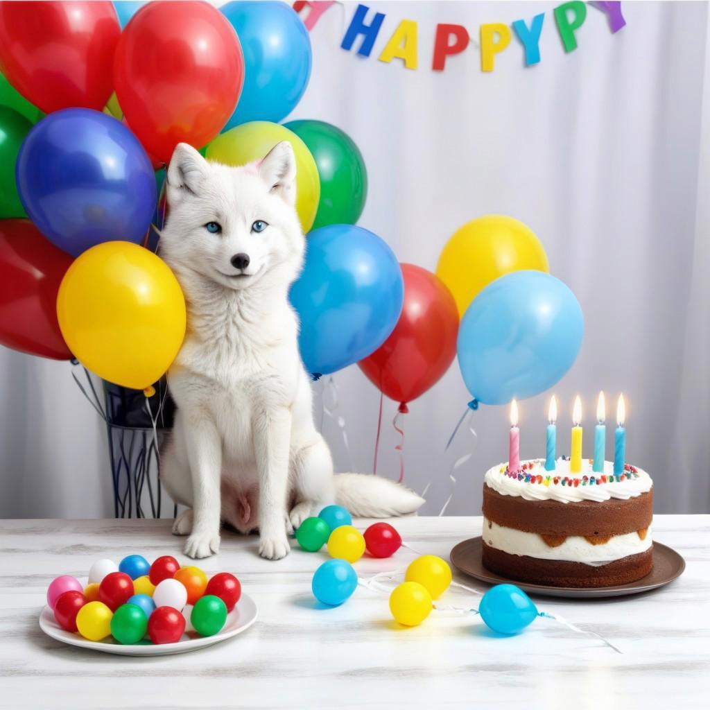 happy artic fox at a table with a festive cake with candle