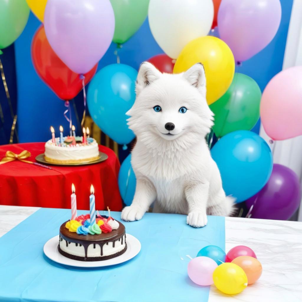happy artic fox at a table with a festive cake with candle