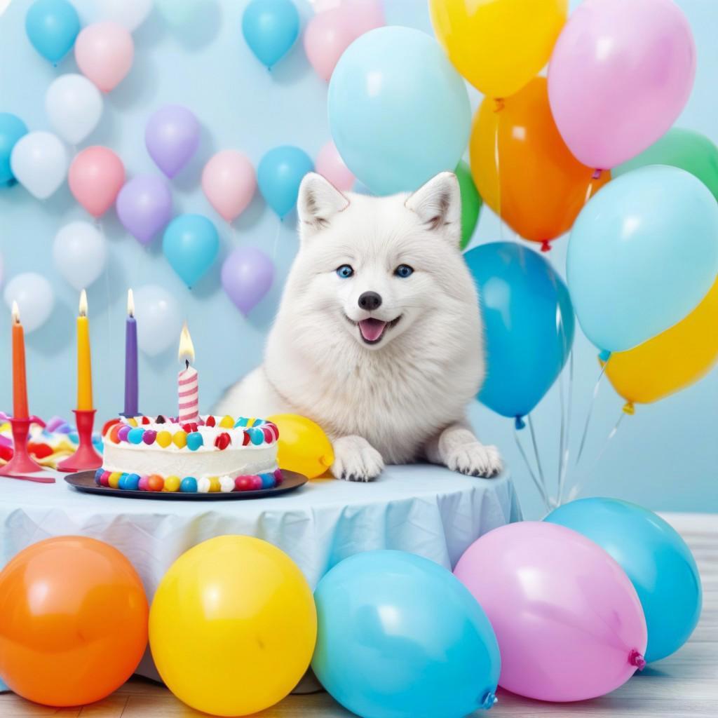 happy artic fox at a table with a festive cake with candle