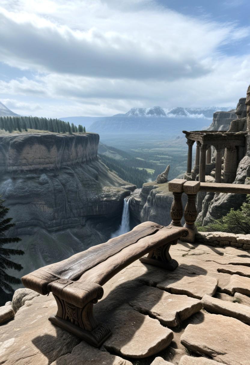 a wooden bench sitting on a precipice overlooking a vast