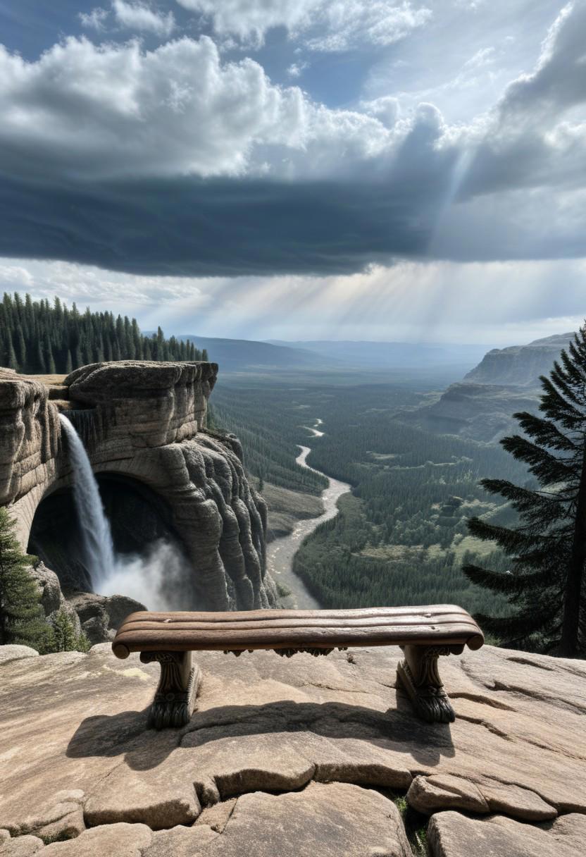 a wooden bench sitting on a precipice overlooking a vast