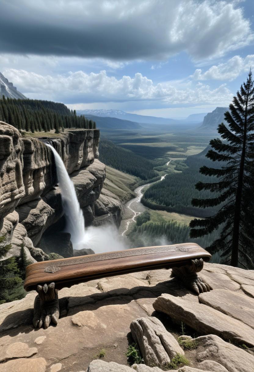 a wooden bench sitting on a precipice overlooking a vast