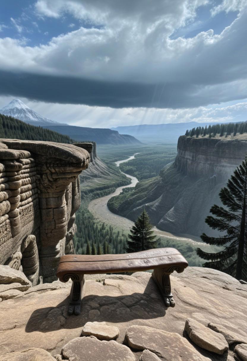 a wooden bench sitting on a precipice overlooking a vast