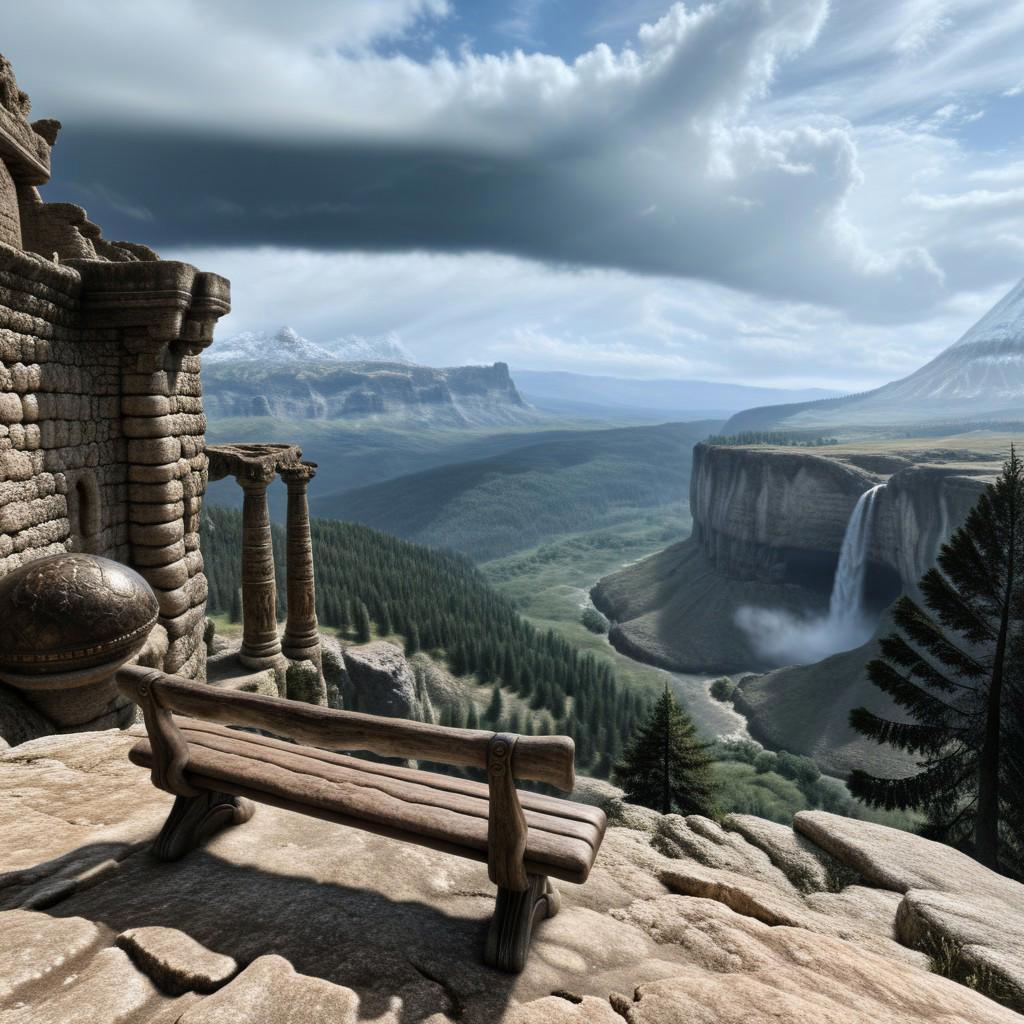 a wooden bench sitting on a precipice overlooking a vast