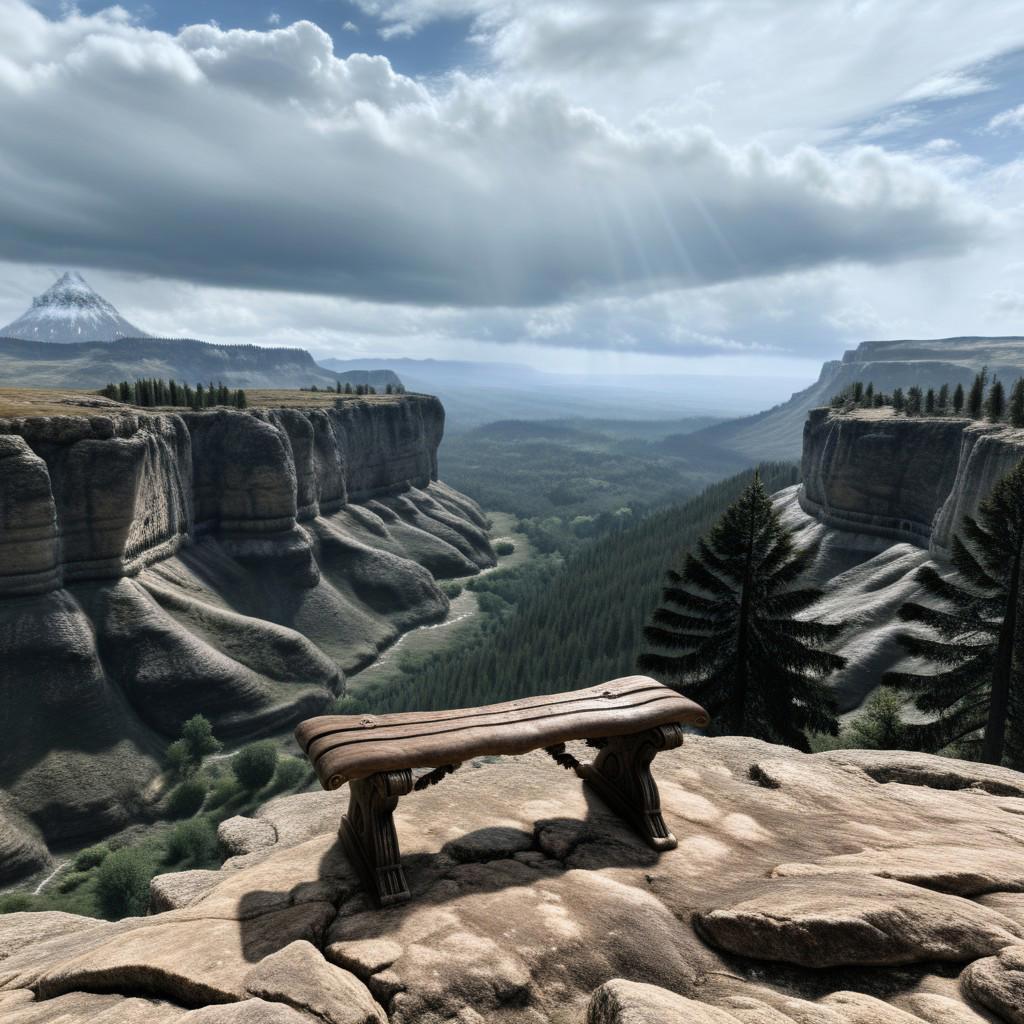 a wooden bench sitting on a precipice overlooking a vast