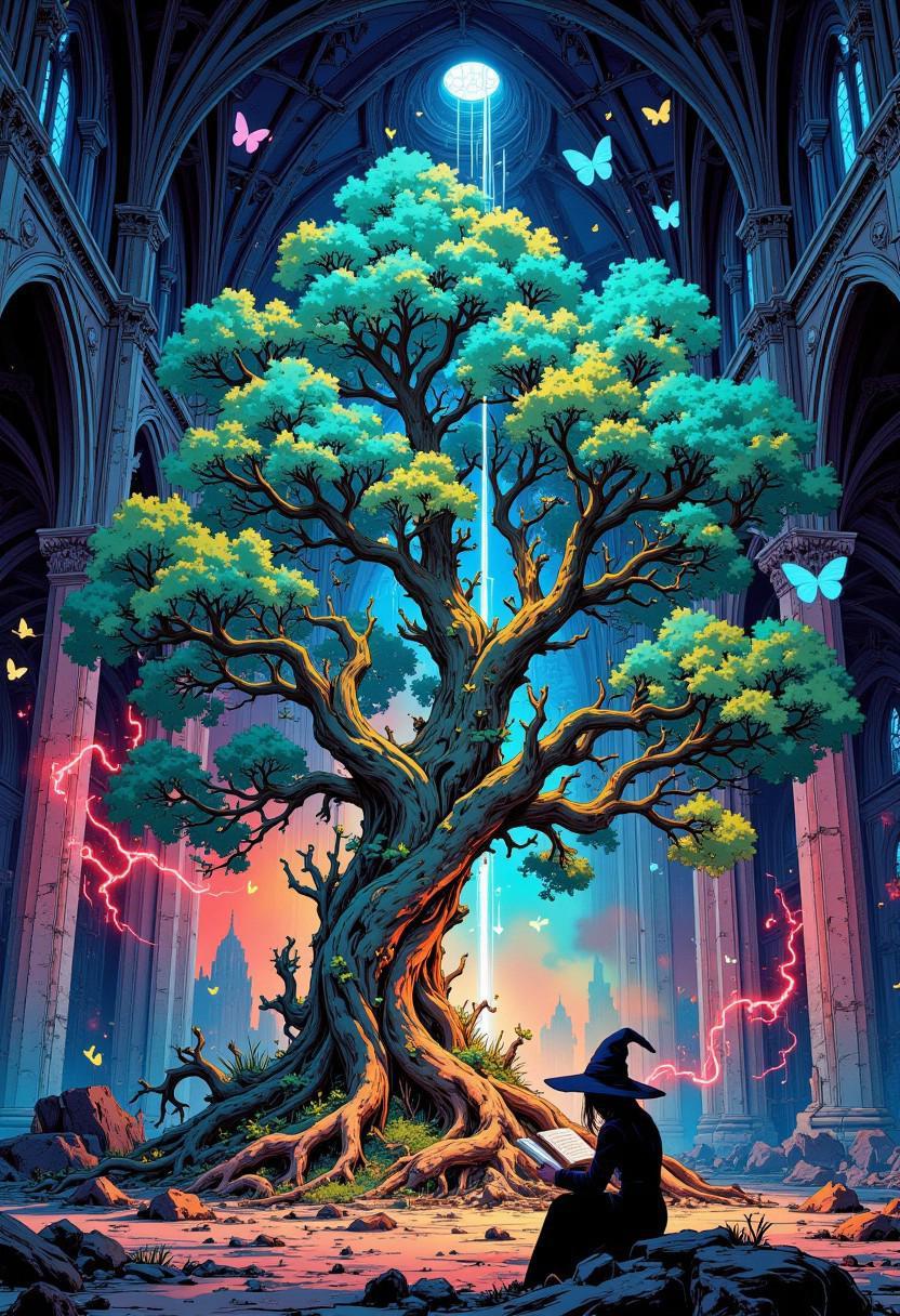 A tree with crystal leaves grows inside a fairy palace. Butterflies fly around the tree. The once colorful magical palace is now dark and desolate. A ray of light falls from a hole in the ceiling onto the tree. Behind the huge windows
